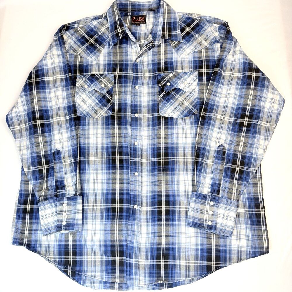 Plains Western Wear Shirt Mens XL Blue Plaid Long Sleeve Pearl Snap Cowboy Retro